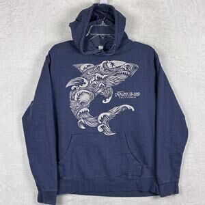 VTG Catalina Island Shark Surfer Art Hoodie Mens S Blue California Beach Nature